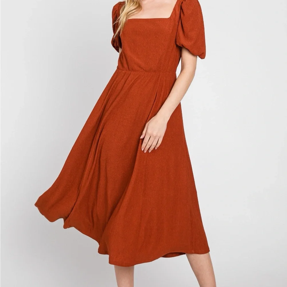 Elegant Rust MIdi Dress, Lined. Has pockets. A-line - Picture 2 of 5